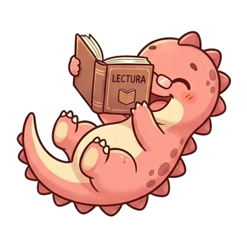 Págino, la mascota de Mi Rincón de Lectura, tumbado boca arriba leyendo un libro
