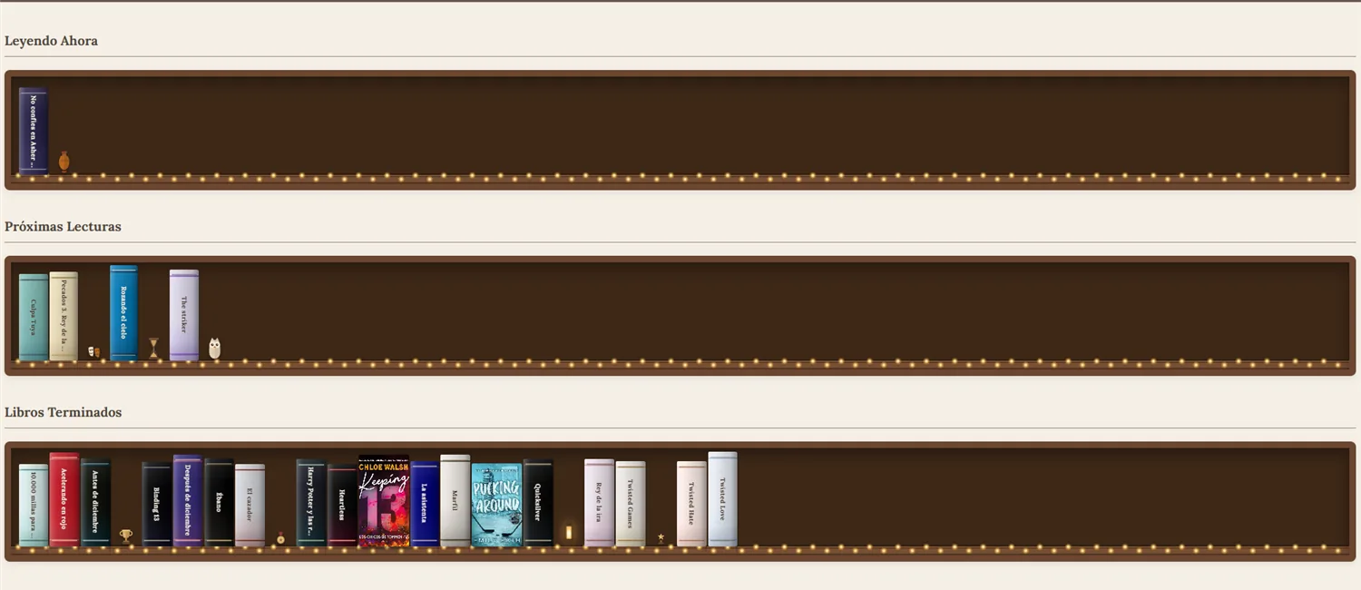 Vista estantería de Mi Rincón de Lectura: los libros como lomos en baldas de madera con luces y adornos
