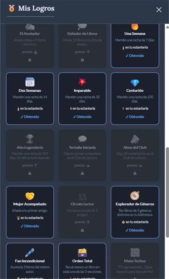 Rejilla de logros con medallas desbloqueadas y bloqueadas